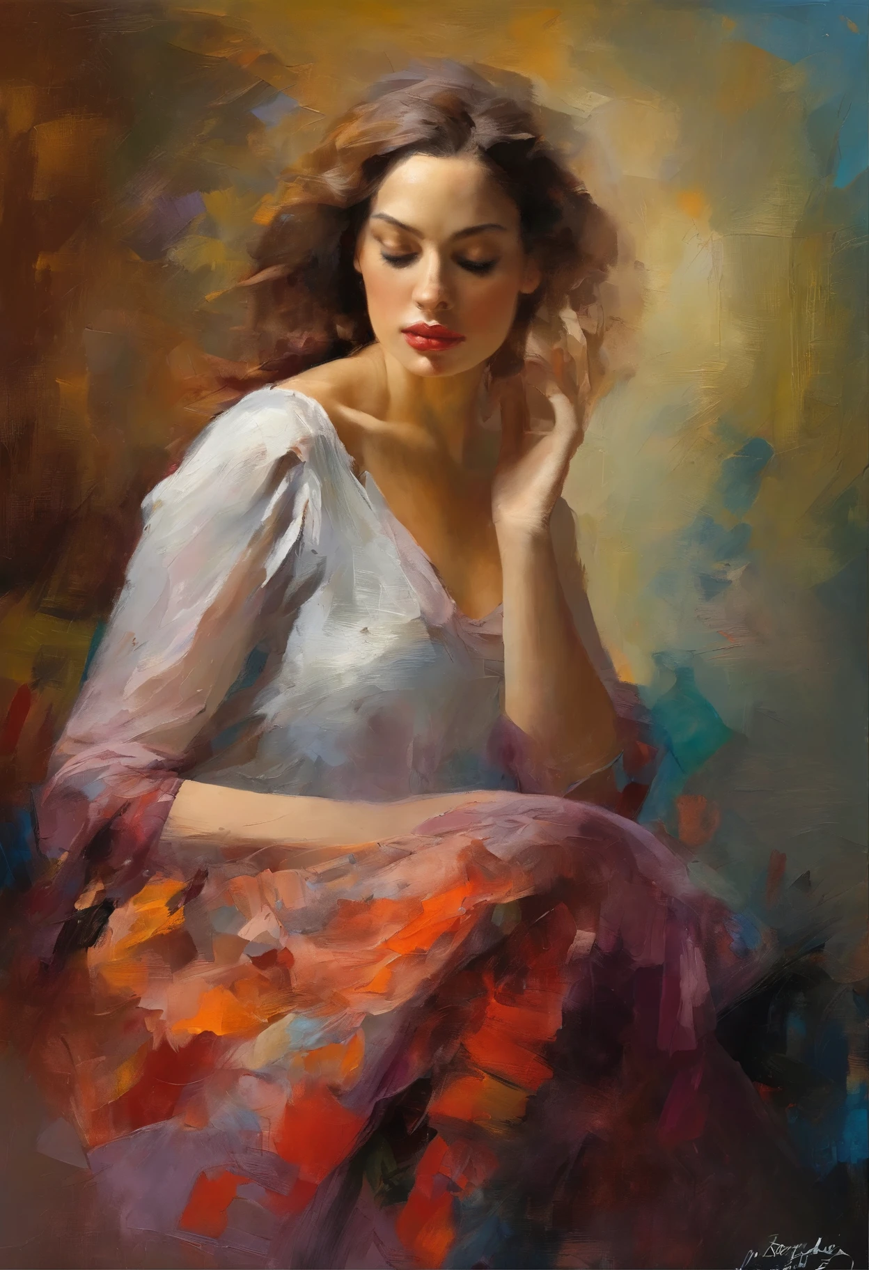 A painting of a woman with her eyes closed, sensual painting, Beautiful expressive painting, Wadim Kashin. Ultra photo realsisim, Louise Ross, digital painting art, Perceptual digital painting, Stylish digital painting, Bonito painting, glossy digital painting, beautiful digital painting, digital art painting, Fine paintings, ((Rod acrylic paint)).