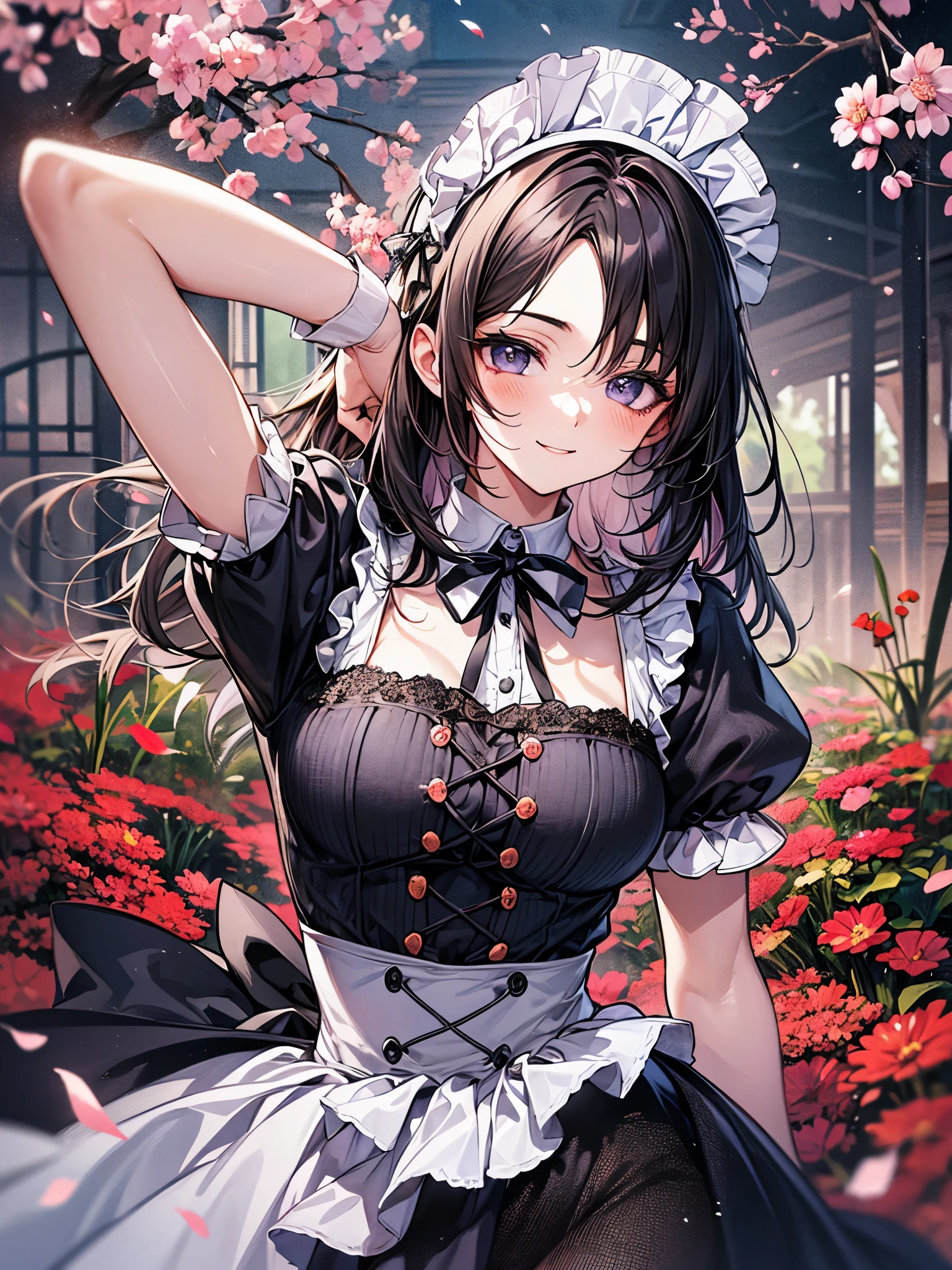 blur the background、one armpit、A girl wearing a maid costume is smiling cutely at me in the garden.、Sparkly air、dancing petals、cool autumn、hair、Mesh Color、Forehead