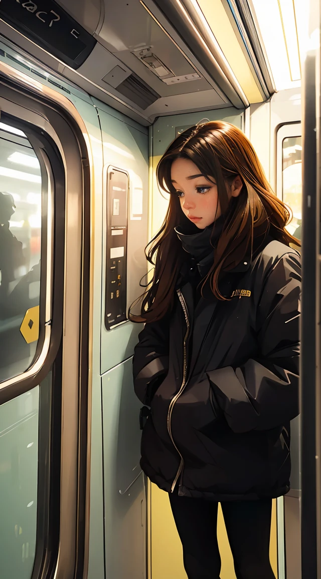 Two people standing side by side on a train, nostalgic melancholic artwork, Woman looking at the scenery outside the window in front of the subway door,A man looking at the woman,vivid colors, soft focus, Light leakage, dreamy winter atmosphere, experimental charm, Retro charm break color field painting, A variety of colors, abstract expressionism, bold hues, emotional impact, atmospheric depth, Minimalist approach BREAK, beautiful woman, UHD (ultra detail) Viewers watching him wearing hip-hop style padding.., another, fancy, long, hair dyed brown ๐, bright padded clothing, White stardust in dark areas, absurd, high resolution, very detailed, (1 male 1 female : 1.3), vivid colors, soft focus, Light leakage, dreamy atmosphere, informationTwo people standing side by side on a train, nostalgic melancholic artwork, Woman looking at the scenery outside the window in front of the subway door,A man looking at the woman,vivid colors, soft focus, Light leakage, dreamy winter atmosphere, experimental charm, Retro charm break color field painting, A variety of colors, abstract expressionism, bold hues, emotional impact, atmospheric depth, Minimalist approach BREAK, Beautiful girl, UHD (ultra detail) Viewers watching him wearing hip-hop style padding.., another, fancy, long, hair dyed brown ๐, bright padded clothing, White stardust in dark areas, absurd, high resolution, very detailed, (1 male 1 female : 1.3), vivid colors, soft focus, Light leakage, dreamy atmosphere, information