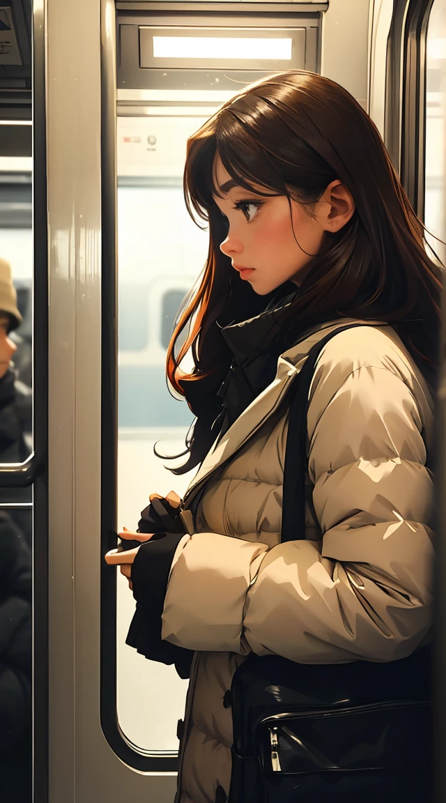 Two people standing side by side on a train, nostalgic melancholic artwork, Woman looking at the scenery outside the window in front of the subway door,A man looking at the woman,vivid colors, soft focus, Light leakage, dreamy winter atmosphere, experimental charm, Retro charm break color field painting, A variety of colors, abstract expressionism, bold hues, emotional impact, atmospheric depth, Minimalist approach BREAK, beautiful woman, UHD (ultra detail) Viewers watching him wearing hip-hop style padding.., another, fancy, long, hair dyed brown 🌈, bright padded clothing, White stardust in dark areas, absurd, high resolution, very detailed, (1 male 1 female : 1.3), vivid colors, soft focus, Light leakage, dreamy atmosphere, informationTwo people standing side by side on a train, nostalgic melancholic artwork, Woman looking at the scenery outside the window in front of the subway door,A man looking at the woman,vivid colors, soft focus, Light leakage, dreamy winter atmosphere, experimental charm, Retro charm break color field painting, A variety of colors, abstract expressionism, bold hues, emotional impact, atmospheric depth, Minimalist approach BREAK, Beautiful girl, UHD (ultra detail) Viewers watching him wearing hip-hop style padding.., another, fancy, long, hair dyed brown 🌈, bright padded clothing, White stardust in dark areas, absurd, high resolution, very detailed, (1 male 1 female : 1.3), vivid colors, soft focus, Light leakage, dreamy atmosphere, information