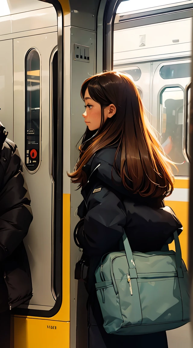 Two people standing side by side on a train, nostalgic melancholic artwork, Woman looking at the scenery outside the window in front of the subway door,A man looking at the woman,vivid colors, soft focus, Light leakage, dreamy winter atmosphere, experimental charm, Retro charm break color field painting, A variety of colors, abstract expressionism, bold hues, emotional impact, atmospheric depth, Minimalist approach BREAK, beautiful woman, UHD (ultra detail) Viewers watching him wearing hip-hop style padding.., another, fancy, long, hair dyed brown 🌈, bright padded clothing, White stardust in dark areas, absurd, high resolution, very detailed, (1 male 1 female : 1.3), vivid colors, soft focus, Light leakage, dreamy atmosphere, informationTwo people standing side by side on a train, nostalgic melancholic artwork, Woman looking at the scenery outside the window in front of the subway door,A man looking at the woman,vivid colors, soft focus, Light leakage, dreamy winter atmosphere, experimental charm, Retro charm break color field painting, A variety of colors, abstract expressionism, bold hues, emotional impact, atmospheric depth, Minimalist approach BREAK, Beautiful girl, UHD (ultra detail) Viewers watching him wearing hip-hop style padding.., another, fancy, long, hair dyed brown 🌈, bright padded clothing, White stardust in dark areas, absurd, high resolution, very detailed, (1 male 1 female : 1.3), vivid colors, soft focus, Light leakage, dreamy atmosphere, information