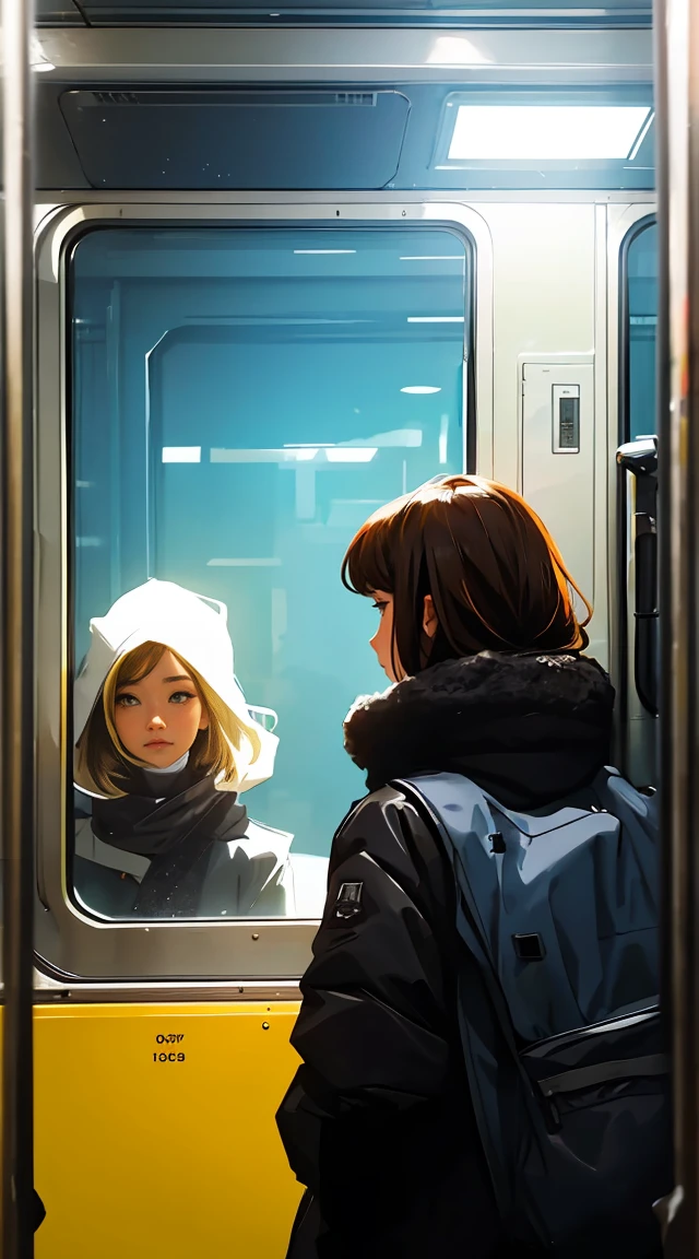 Two people standing side by side on a train, nostalgic melancholic artwork, Woman looking at the scenery outside the window in front of the subway door,A man looking at the woman,vivid colors, soft focus, Light leakage, dreamy winter atmosphere, experimental charm, Retro charm break color field painting, A variety of colors, abstract expressionism, bold hues, emotional impact, atmospheric depth, Minimalist approach BREAK, beautiful woman, UHD (ultra detail) Viewers watching him wearing hip-hop style padding.., another, fancy, long, hair dyed brown 🌈, bright padded clothing, White stardust in dark areas, absurd, high resolution, very detailed, (1 male 1 female : 1.3), vivid colors, soft focus, Light leakage, dreamy atmosphere, informationTwo people standing side by side on a train, nostalgic melancholic artwork, Woman looking at the scenery outside the window in front of the subway door,A man looking at the woman,vivid colors, soft focus, Light leakage, dreamy winter atmosphere, experimental charm, Retro charm break color field painting, A variety of colors, abstract expressionism, bold hues, emotional impact, atmospheric depth, Minimalist approach BREAK, Beautiful girl, UHD (ultra detail) Viewers watching him wearing hip-hop style padding.., another, fancy, long, hair dyed brown 🌈, bright padded clothing, White stardust in dark areas, absurd, high resolution, very detailed, (1 male 1 female : 1.3), vivid colors, soft focus, Light leakage, dreamy atmosphere, information