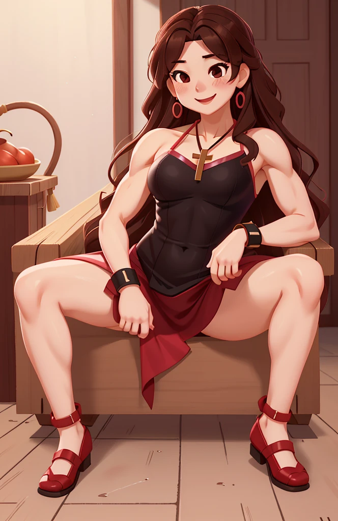 attractive korean woman, ripped muscle, muscular body, small breast, pale skin, smile(blush), bikini, flower garland, sandals, cross pendant, sixpack abs, [ultra detailed skin:1.2], brown hair, messy hair, 8k uhd, pussy, full body, crowd, public, night, sitting, spread legs,