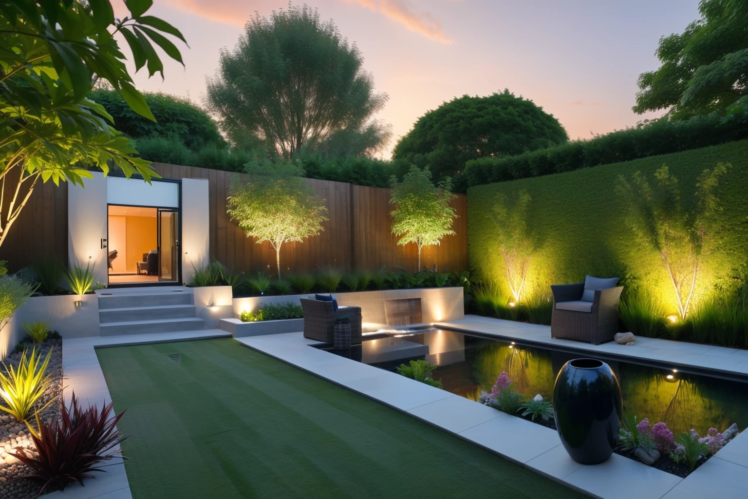 realistic, tranditional style garden, lush plants, sunset, best quality, masterpiece