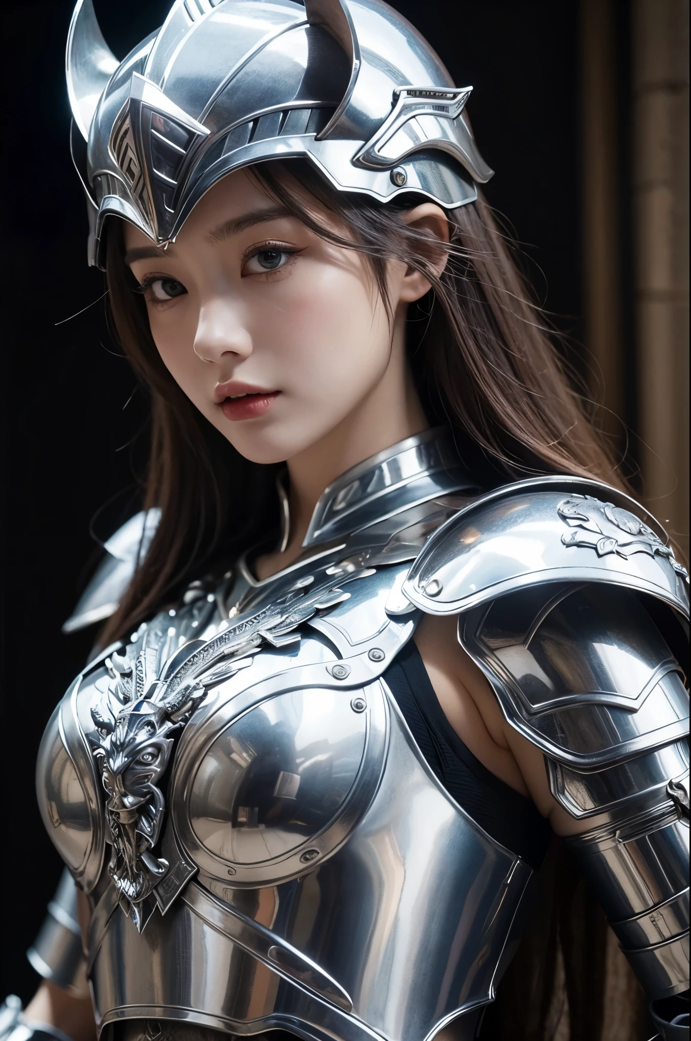 (top-quality,​masterpiece),Close up portrait of woman in silver and red dress posing,Colossal ,美丽的面容,well proportioned face,Bunching up long hair,detailed fantasy art、closes mouth,Fanart Meilleure ArtStation、epic exquisite character art、Dragon helmet,Beautiful armor、Armor with intricate details,extremely detailed art germ、Detailed Digital Anime Art、armor girl,valkyrie,Painted on the waist,
