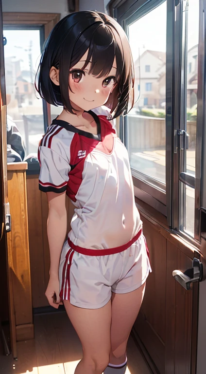 ((((kipity art)))), ((High resolution)),masterpiece, high quality, 最high quality, beautiful, perfect lighting, detailed face, super cute face, ((1 girl)), ((alone), black hair, bob cut, bangs, ((fluffy hair)), brown eyes, slender body, full length, smiling face, shy, just woke up, blush, ((grab the thigh)), (((small breasts))), cleavage, perky chest, (small hips), (normal thighs), soft body, 19 year old girl mastepiece、High resolution、1 girl in、cute anime illustration、upright,whole,Standing position, lower both arms,put your hands behind your back, look straight, pure white background, arms behind,Soccer Uniforms、Red Football Uniform