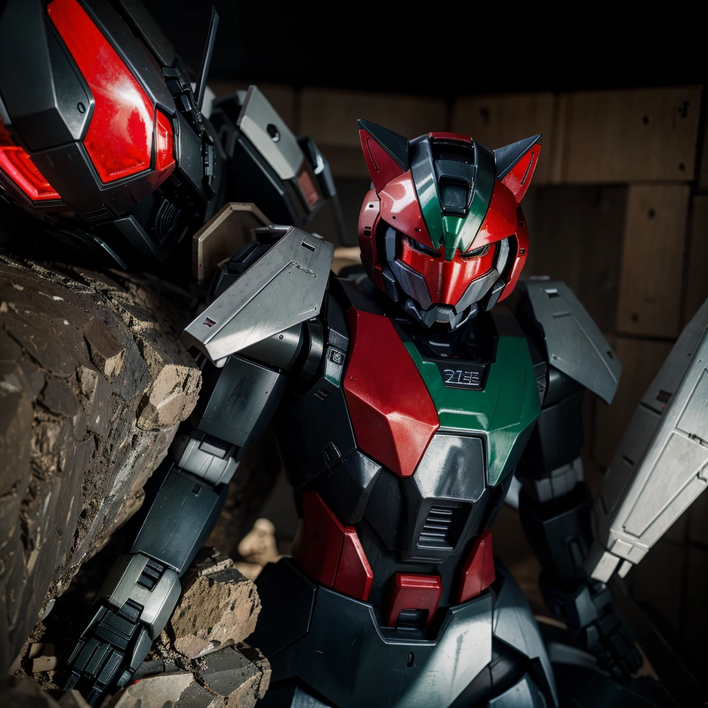 a gundam mecha holding a cat with red, green, and black colored armour. (high resolution) 