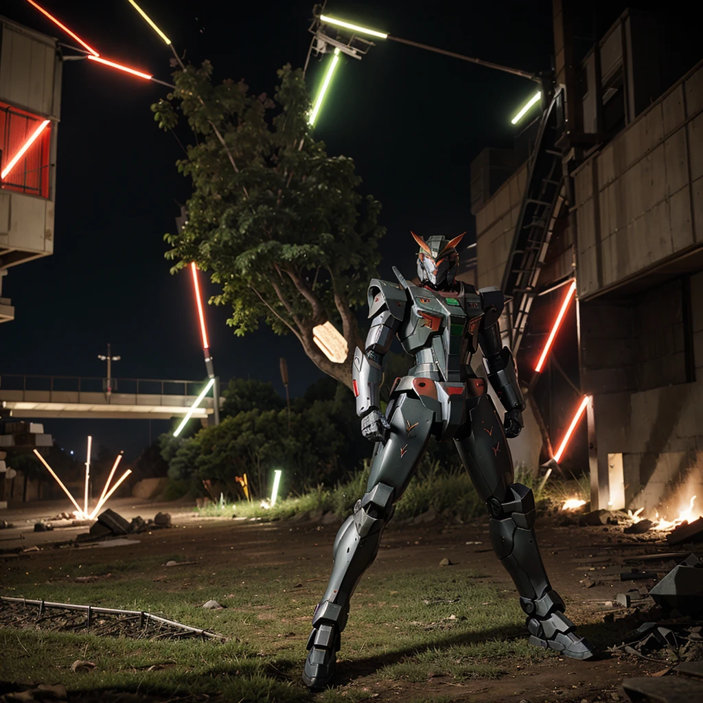 a gundam mecha holding a cat with red, green, and black colored armour. (high resolution) 