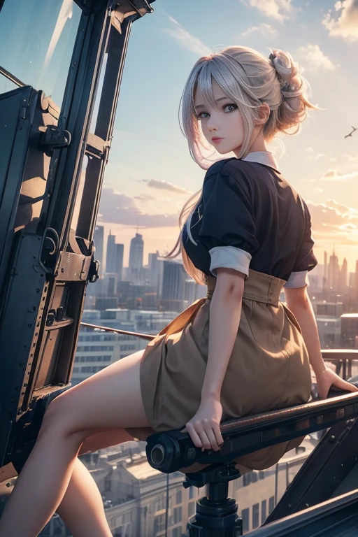 masterpiece, top quality, highly detailed, Unity 8k wallpaper, (riding a crane truck), firmament, girl 1 person, heavy machinery, gradient hair, hair between eyes, ahoge, age: 18, looking back, pretty face, white neeso,