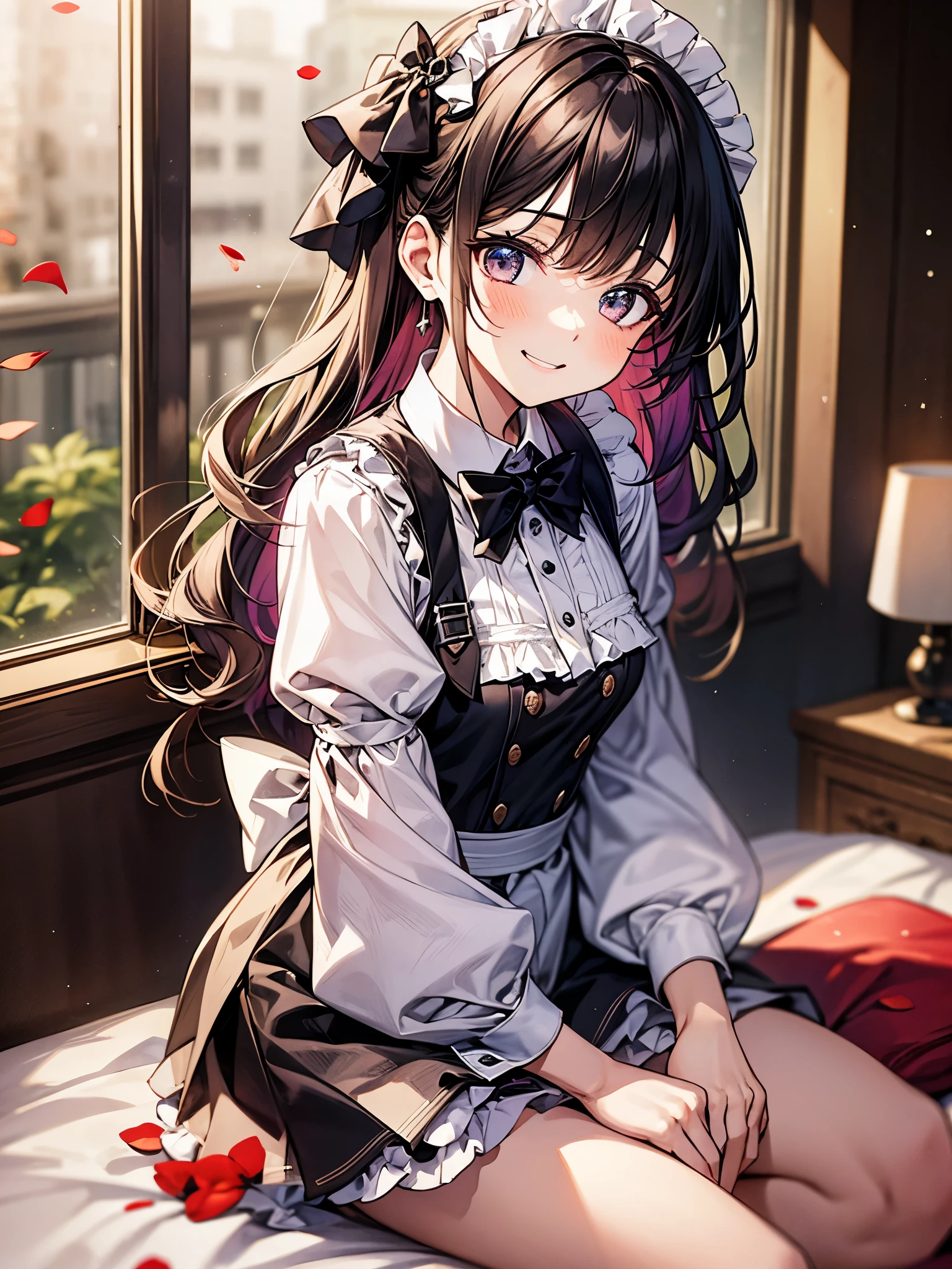 blur the background、Warm appearance、A girl wearing a maid costume is smiling cutely at me while sitting by my bedside.、Keeping hair together、colorful hair color、Sparkly air、dancing petals、cold winter