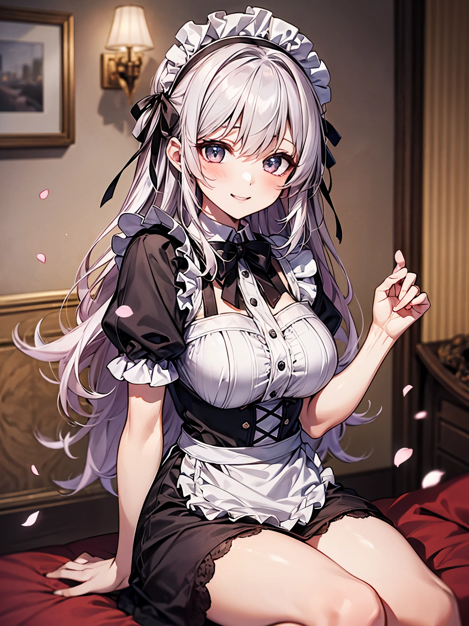 Best Quality, ultra-detailliert, Illustration, silber hair, Aimei, Maids，skirt by the，embarrassed from，breastsout，a bed，The long-haired