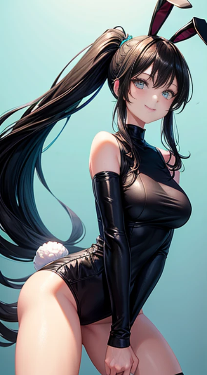 Adult woman, Long black hair, high ponytail, bunny ears, turquoise eyes, Black tight top, ssmile, Masterpiece, hiquality