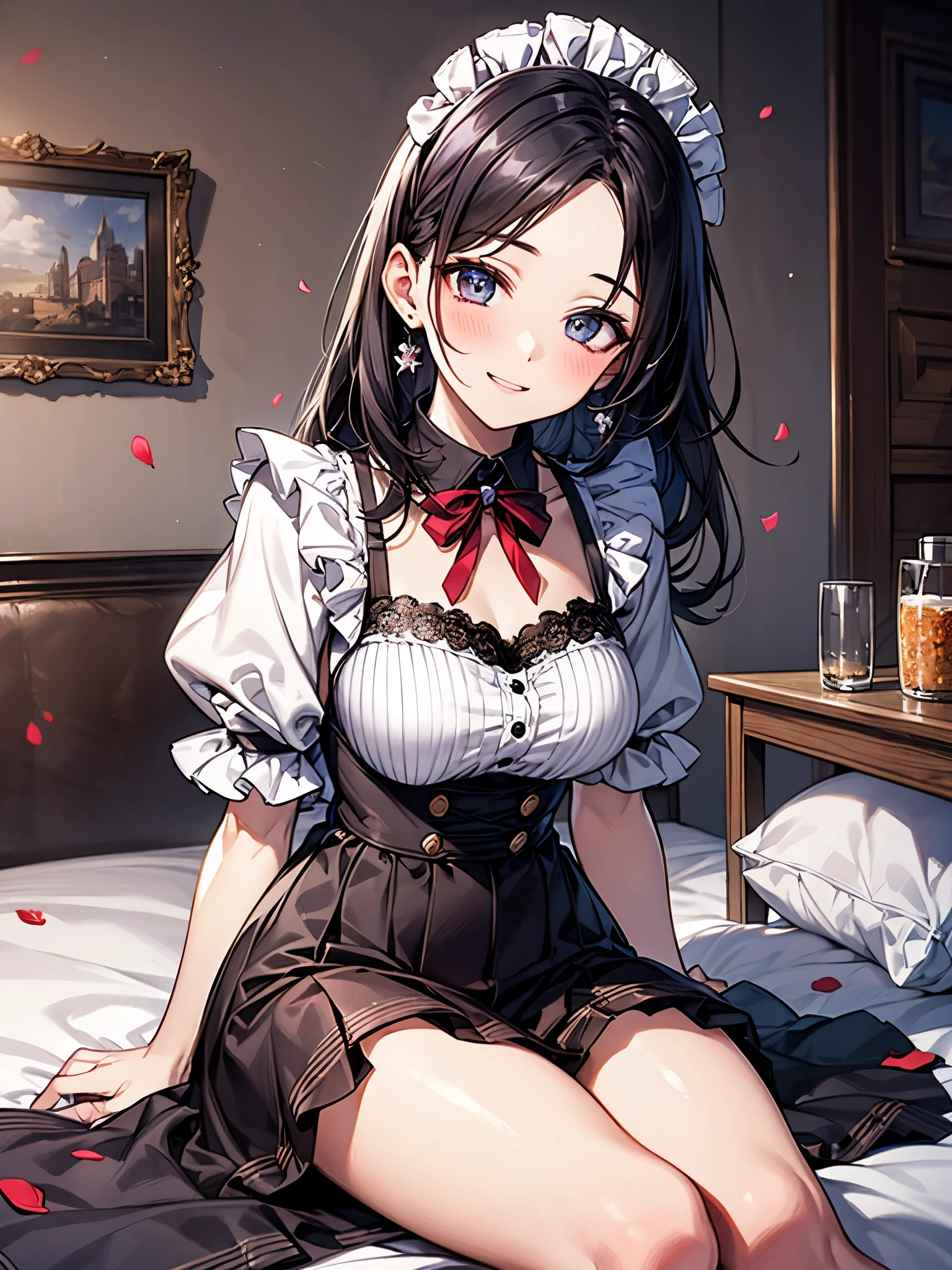 blur the background、Warm appearance、A girl wearing a maid costume is smiling cutely at me while sitting by my bedside.、Keeping hair together、colorful hair color、Sparkly air、dancing petals、Hot summer、Forehead