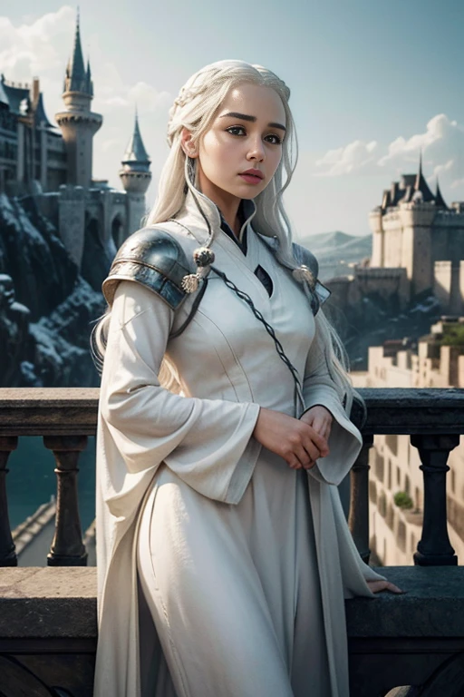 oil painting of (koh_emiliaclarke), (long hair:1.1), (standing in a balcony), (white tunic:1.1), perfect thighs, (game of thrones castle in the background:1.2), atmospheric lighting, cinematic composition, concept art, digital illustration, detailed, art by brian m viveros and maciej kuciara and mark keathley, natural light, 4K, high-detail, ((perfect eyes)), (detailed pupils), dimly lit, (white hair:1.3)