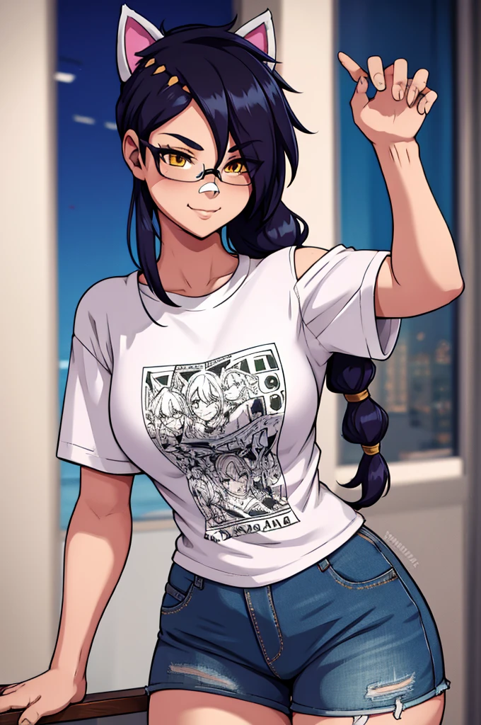 Erisa, 1girl, solo, long hair, looking at viewer, black hair, bandaid on face, yellow eyes, animal ears, smile, bandaid on nose, braid, cat ears, bandaid, bangs, breasts, fake animal ears, simple background, fang, bare shoulders, scar, teeth, shirt, tight shirt, bare shoulders, black shirt, short sleeves, closed mouth, t-shirt, hair over one eye, night city view, portrait, hair over shoulder, shorts, skin tight shirt, tight shorts, butt, legs, glasses, seductive, realistic, best quality, masterpiece, ultra detail, ultra high res, extreme detail, 8k, uhd