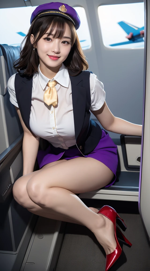 (((full body,including legs、opened legs apart)))、(((perfect uniform of Japanese stewardess, perple uniform,necktie, purple vest-dress uniform、purple small hat, (black high-heel), little smile,white blouse,tight blouse、purple tight skirt))), white gloves, short gloves, high heel、Dressed up、(Photo real:1.4)、(A hyper-realistic:1.4)、(Photorealistic:1.3)、 (gentle lighting: 1.05)、(Improve the lighting quality of your video:0.9)、32k、 1Girl、28years old girl、photorealistic lighting、Back lighting、Facial Lights、Ray Trace、(bright:1.2)、(Increase quality:1.4)、 (best quality real texture skin)、Fair eyes,Delicate and delicate face, Close-up of the breasts, white blouse,tight blouse,tight jump-skirt , (Bodyline mood improvement:1.1)、Glossy skin、wavy hair,blonde hair,韓国アイドル、乃木坂アイドル、Sculptural Idol Pose、little smile,blush,Beautiful actress、Neat woman,whole body, (((midium breasts,beautiful breasts))),(perfect row of teeth),slender waist and hip,beautiful long legull shot)、((8heads tall)、(((誘惑している、恥ずかしい)))、dynamic pose,gravure pose,(eye shadow),((red cheek、red lips)),Super Clean Night View、night time、blush,little smile,(((full shot)))、(((in the air plane))),