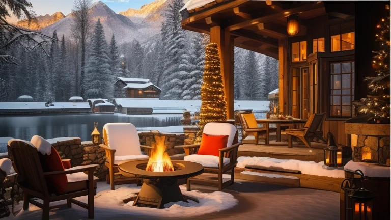 arafed patio with chairs and a Fire in the middle of the snow, comfortable environment, winter environment, 🕹️ 😎 🔫 🤖 🚬, beautiful winter area, cozy place, Luxurious environment, Luxury chalet, Comfortable and peaceful atmosphere, All set within stunning outdoor landscapes, outdoor campFire, comfortable environment, Fire, Luxury lifestyle