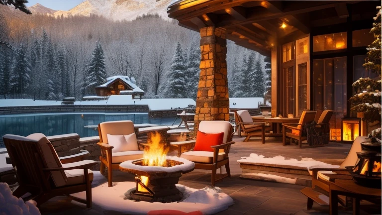 arafed patio with chairs and a Fire in the middle of the snow, comfortable environment, winter environment, 🕹️ 😎 🔫 🤖 🚬, beautiful winter area, cozy place, Luxurious environment, Luxury chalet, Comfortable and peaceful atmosphere, All set within stunning outdoor landscapes, outdoor campFire, comfortable environment, Fire, Luxury lifestyle