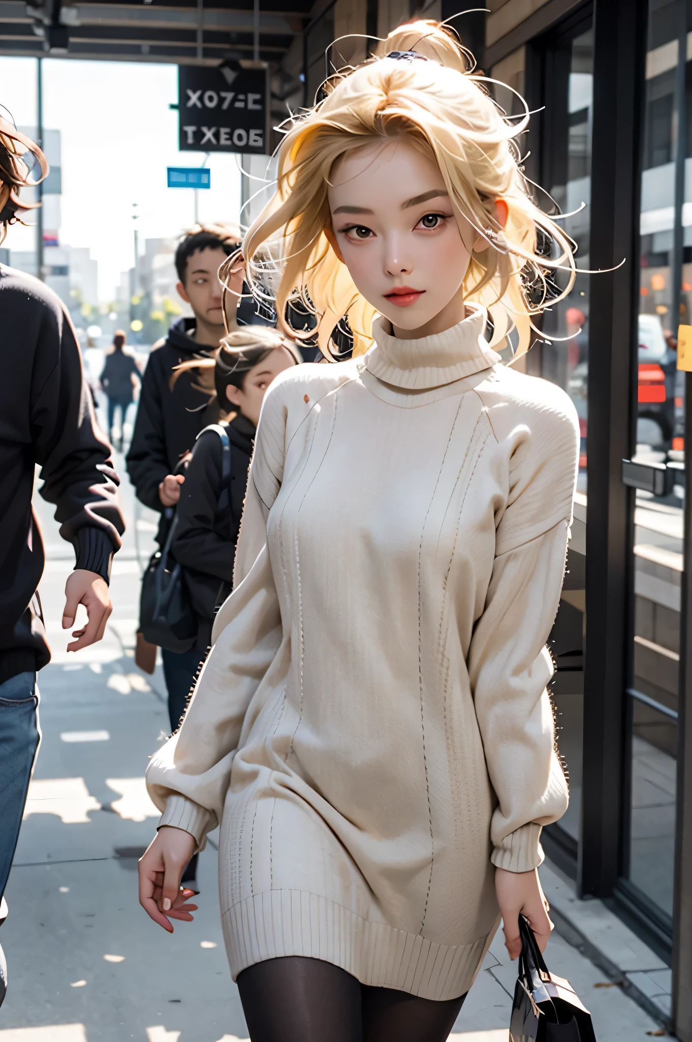 masterpiece, best quality, 1girl, shiny skin, cinematic lighting, medium breasts, looking at viewer, messy hair, blonde hair, yellow eyes, solo, autumn, outdoors, windy, black sweater dress, ribbed, knit, turtleneck sweater dress, black pantyhose, walking, city, shopping, dynamic angle, close-up, ultra-detailed, 8k, rtx, ambient occlusion, rim lighting, bustling, half nude