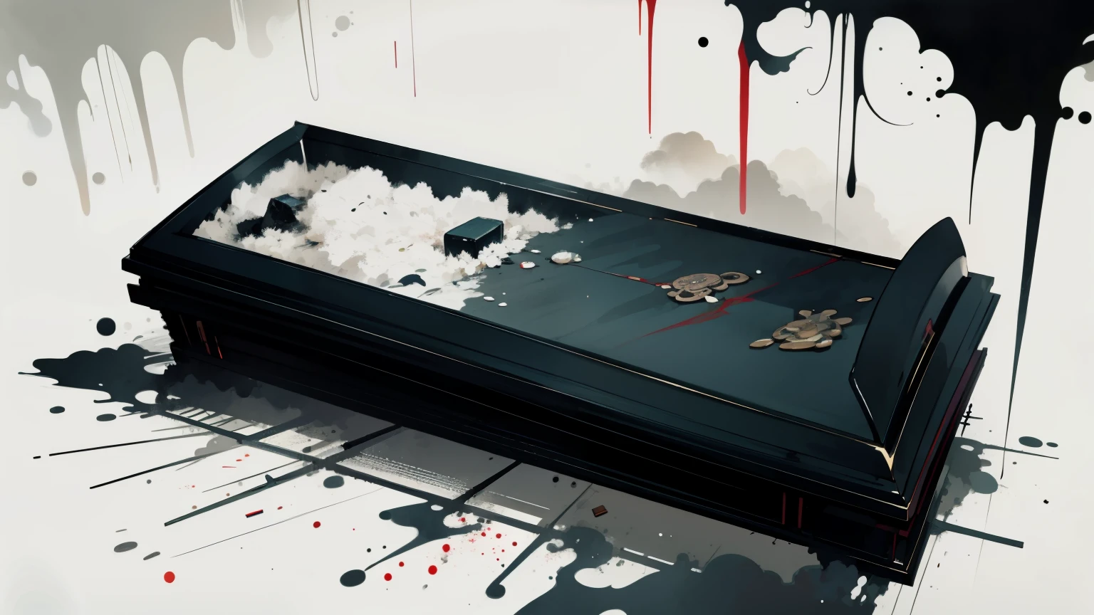 anime illustration of coffin, top view of coffin, grave, inky, smudge, absurd, high resolution, ultra detailed, abstract, sad