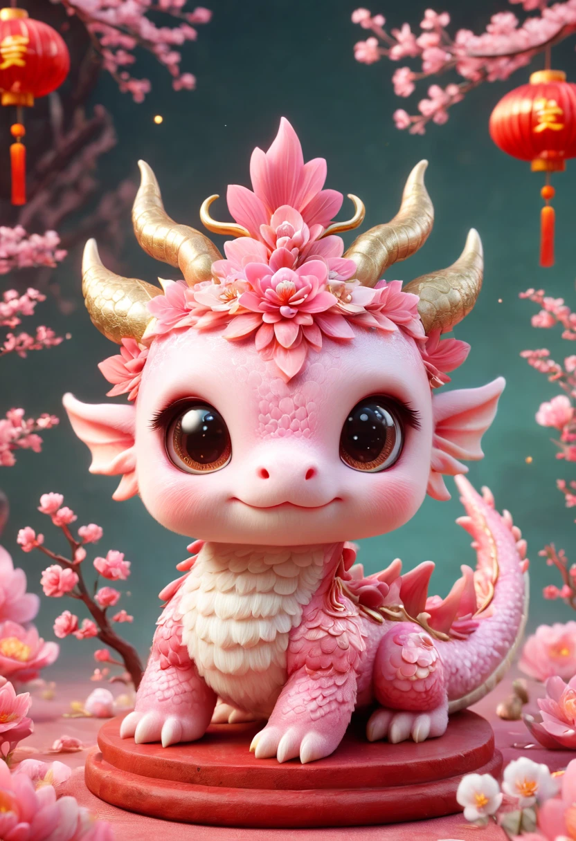 Q version,Cute little dragon,Chinese style,pink space,festive atmosphere,Spring Festival,Lovely antlers,Chinese elements,Cartoon,Cute pet,Lively