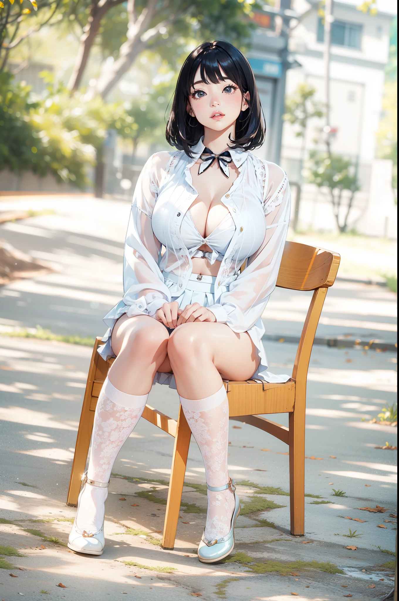 Muchimuchi、dazzling sunshine、watch here、dramatic lighting、Artistic colors、black haired、high school girl、big breasts、black haired、thick legs、short skirt