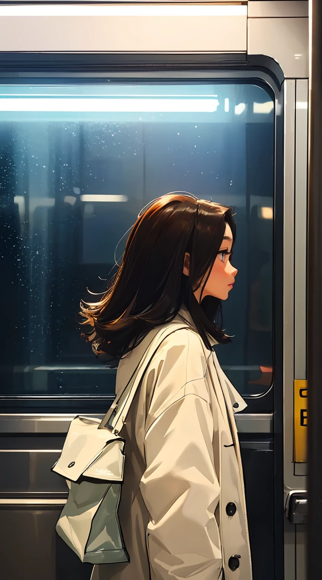 Woman looking at the scenery outside the window in front of the subway door,A man looking at the woman from the side,vivid colors, soft focus, Light leakage, dreamy winter atmosphere, experimental charm, Retro charm break color field painting, A variety of colors, abstract expressionism, bold hues, emotional impact, atmospheric depth, Minimalist approach BREAK, Beautiful girl, UHD (ultra detail) Viewers watching him wearing hip-hop style padding.., another, fancy, long, hair dyed brown 🌈, bright padded clothing, White stardust in dark areas, absurd, high resolution, very detailed, (1 male 1 female : 1.3), vivid colors, soft focus, Light leakage, dreamy atmosphere, information
