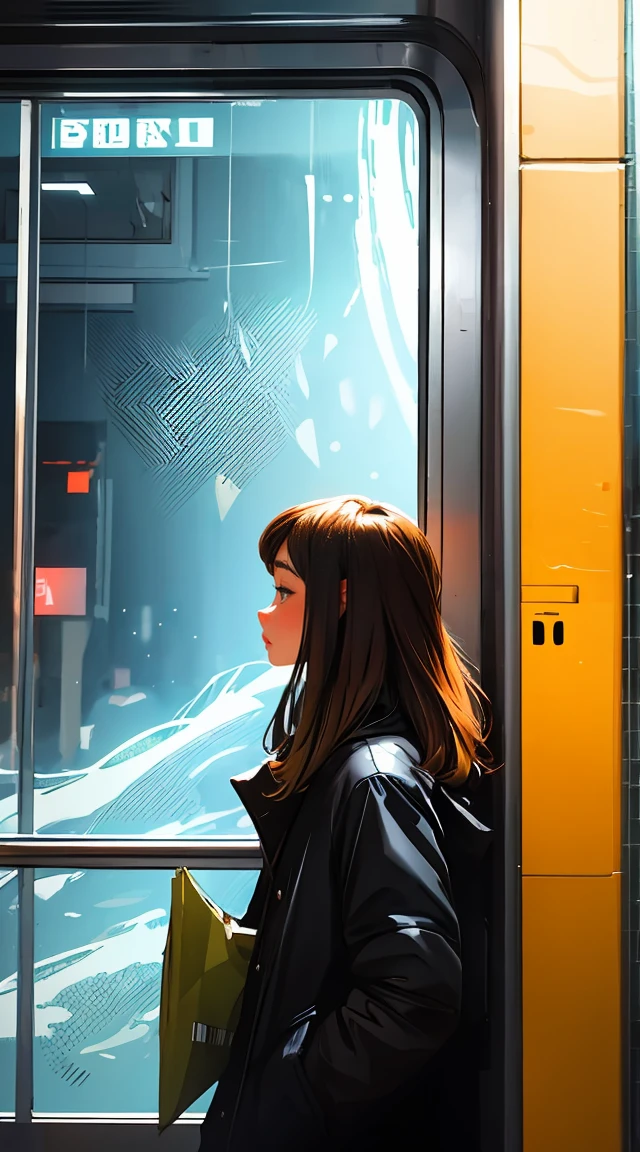 Woman looking at the scenery outside the window in front of the subway door,A man looking at the woman from the side,vivid colors, soft focus, Light leakage, dreamy winter atmosphere, experimental charm, Retro charm break color field painting, A variety of colors, abstract expressionism, bold hues, emotional impact, atmospheric depth, Minimalist approach BREAK, Beautiful girl, UHD (ultra detail) Viewers watching him wearing hip-hop style padding.., another, fancy, long, hair dyed brown 🌈, bright padded clothing, White stardust in dark areas, absurd, high resolution, very detailed, (1 male 1 female : 1.3), vivid colors, soft focus, Light leakage, dreamy atmosphere, information