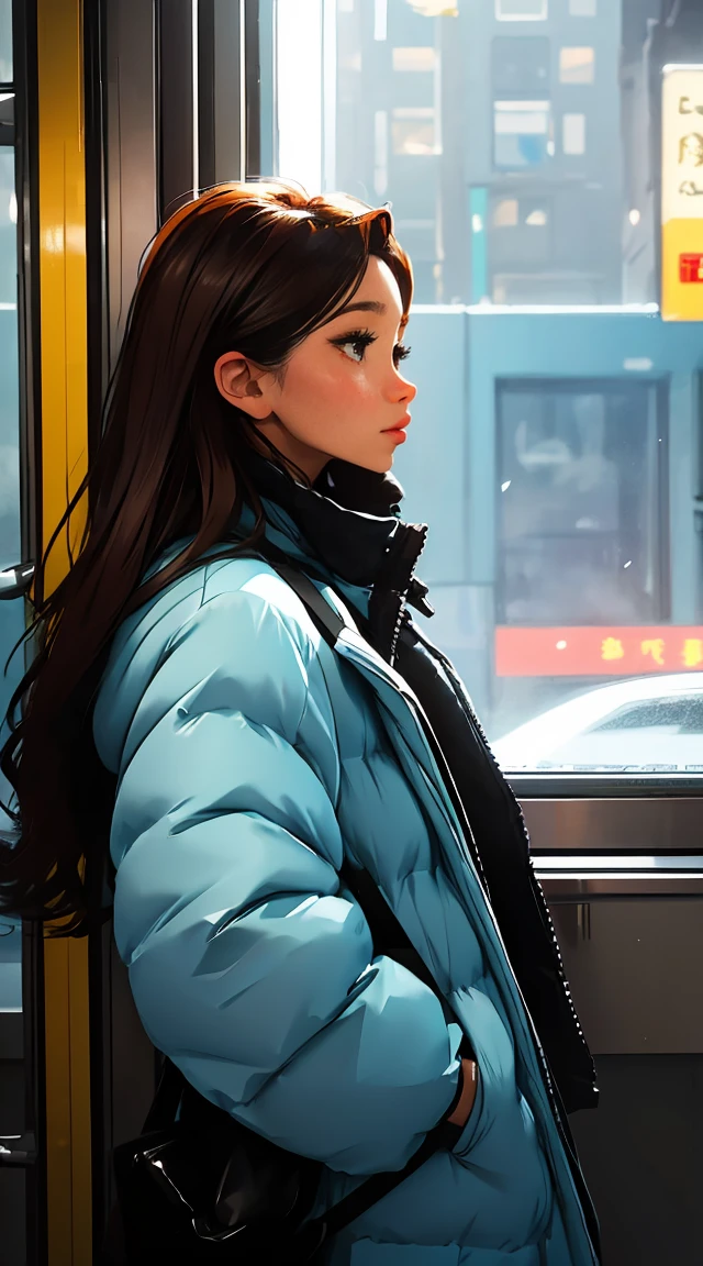 Woman looking at the scenery outside the window in front of the subway door,A man looking at the woman from the side,vivid colors, soft focus, Light leakage, dreamy winter atmosphere, experimental charm, Retro charm break color field painting, A variety of colors, abstract expressionism, bold hues, emotional impact, atmospheric depth, Minimalist approach BREAK, Beautiful girl, UHD (ultra detail) Viewers watching him wearing hip-hop style padding.., another, fancy, long, hair dyed brown 🌈, bright padded clothing, White stardust in dark areas, absurd, high resolution, very detailed, (1 male 1 female : 1.3), vivid colors, soft focus, Light leakage, dreamy atmosphere, information