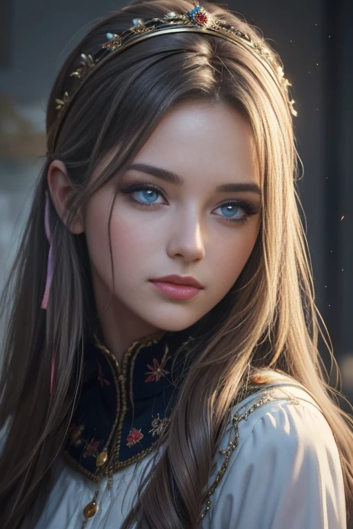 (8k, best quality, masterpiece: 1.2), (best quality: 1.0), (ultra-high resolution: 1.0), watercolor, a beautiful woman, (shiny pupils,blue pupils),shoulders, headband, Agnes Cecil, bust portrait, extremely bright design, pastel colors, autumn lights, moody gray, gritty style style Alexei Savlasov, Ivan Shishkin, Ilya Repin, (card retouching: 1.2), 2d, (oil painting: 1.2) highly detailed