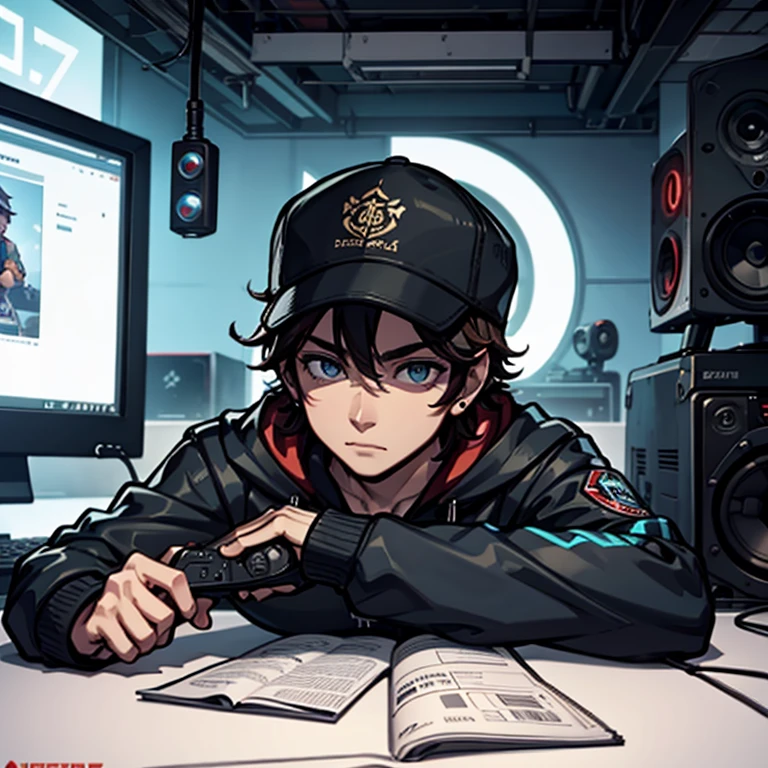 Chico mestizo gamer sentado en su setup con gorra, audifonos, aretes y el pelo despeinado