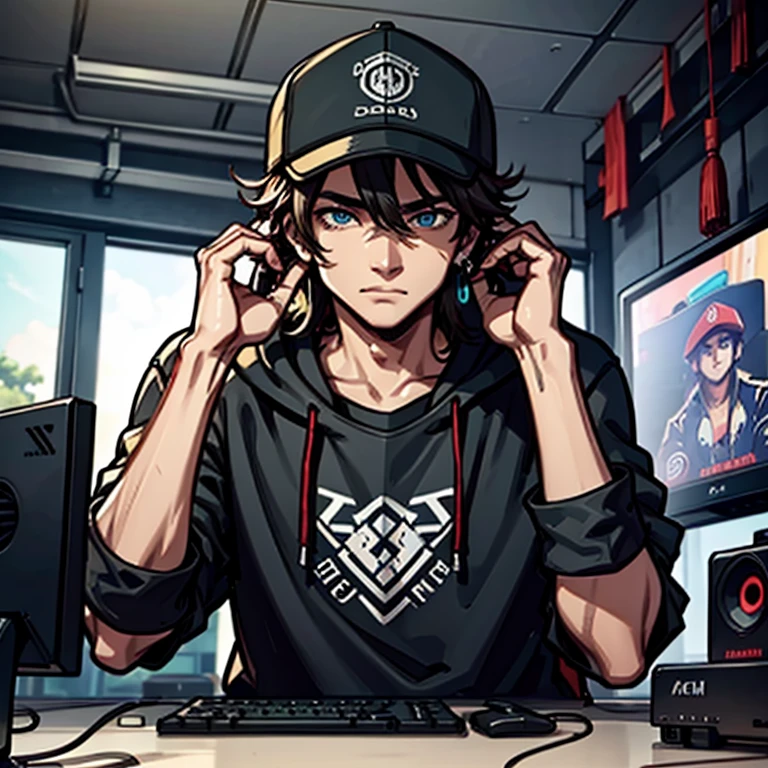 Chico mestizo gamer sentado en su setup con gorra, audifonos, aretes y el pelo despeinado