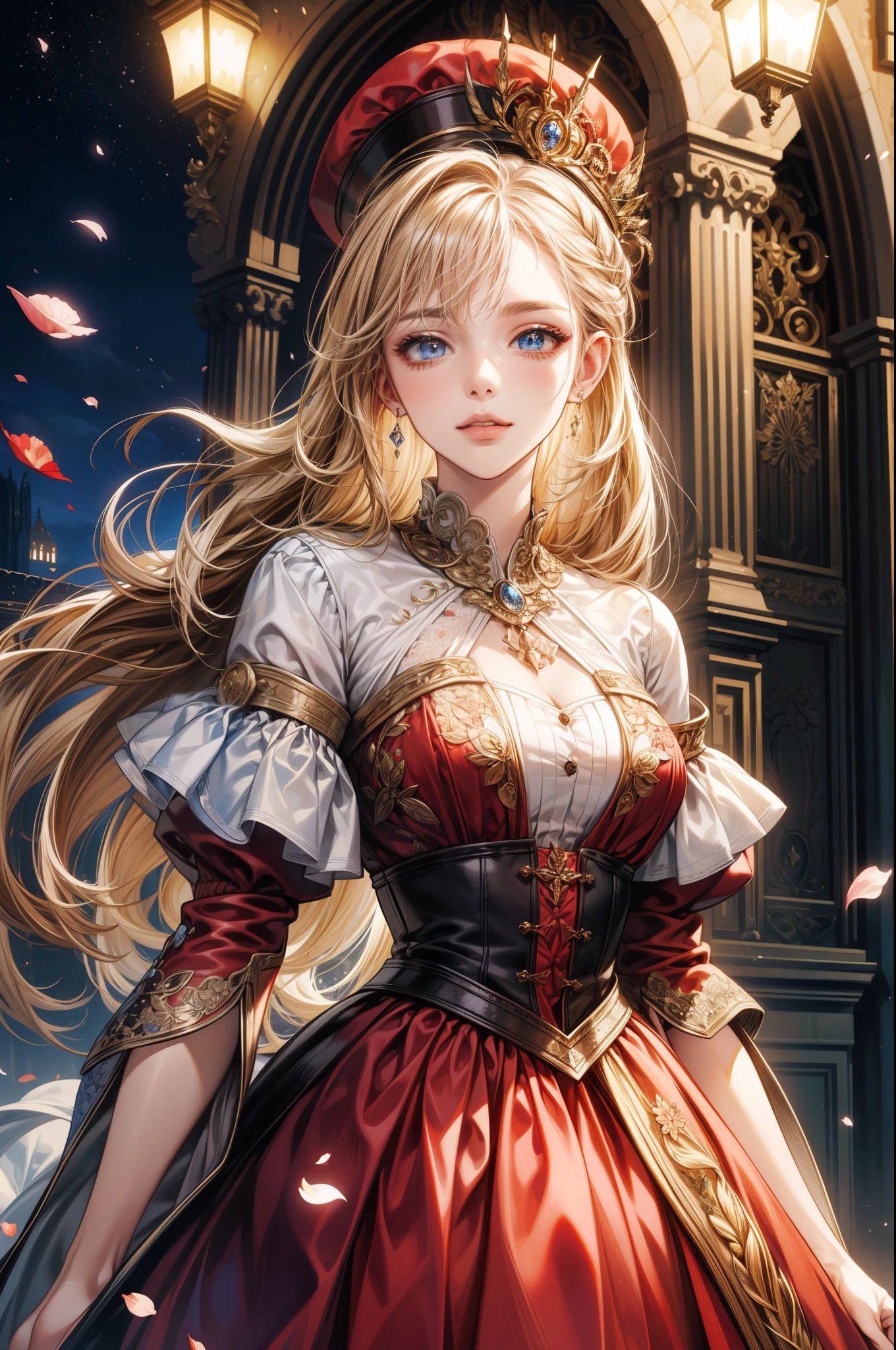 (best quality,masterpiece:1.4,8k),1 beautiful detailed girl,extremely detailed eyes and face,beautiful detailed eyes,medieval European style intricate luxurious red dress,medieval European style luxurious dress hat,luxurious accessories,elegant smile,nighttime scene depicting a princess standing on a castle balcony with flowing hair and dress,highlighting her noble temperament,cinematic lighting,textured skin,super-detailed,high-detail, high-quality, high-resolution,looking at the audience,flower petals fluttering.