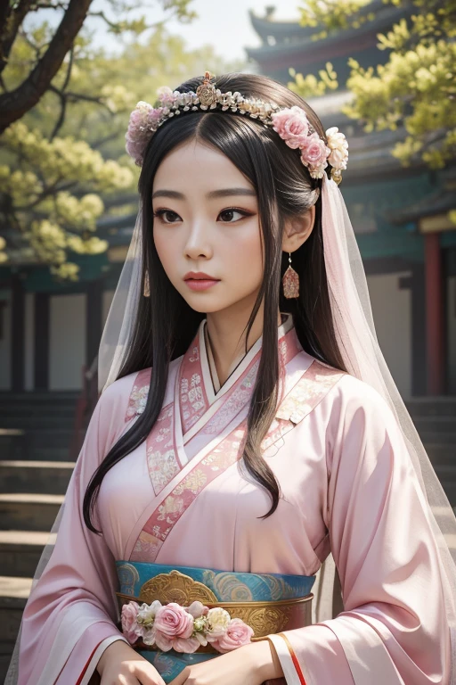 araffe woman in a pink dress with a flower crown on her head, a colorized photo inspired by Lan Ying, trending on cg society, realism, hanfu, palace , a girl in hanfu, ancient chinese princess, a beautiful fantasy empress, ancient china art style, ancient asian dynasty princess, chinese empress, white hanfu, chinese princess,looking down,