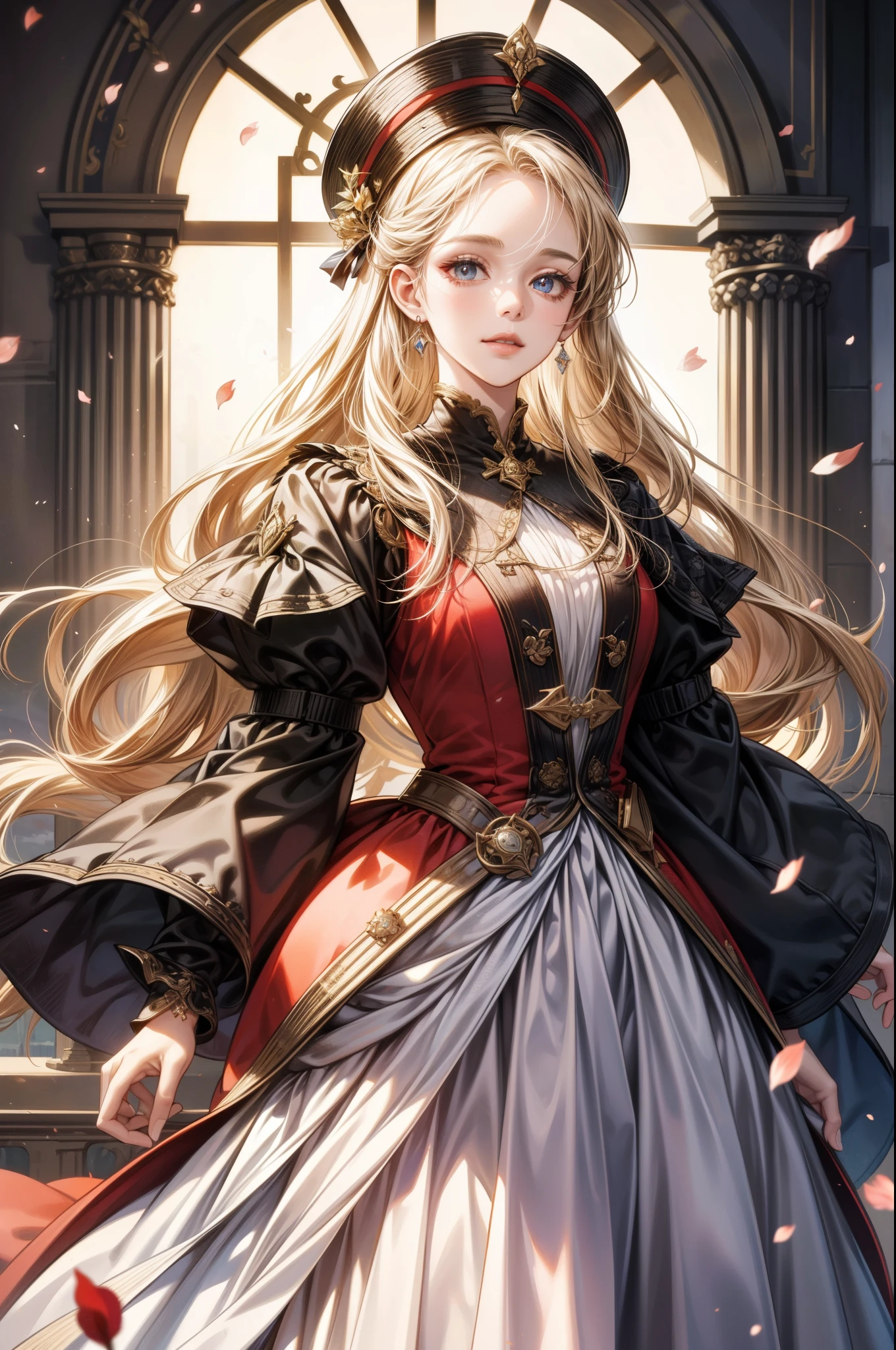 (best quality,masterpiece:1.4,8k),1 beautiful detailed girl,extremely detailed eyes and face,beautiful detailed eyes,medieval European style intricate luxurious red dress,medieval European style luxurious dress hat,luxurious accessories,elegant smile,nighttime scene depicting a princess standing on a castle balcony with flowing hair and dress,highlighting her noble temperament,cinematic lighting,textured skin,super-detailed,high-detail, high-quality, high-resolution,looking at the audience,flower petals fluttering.
