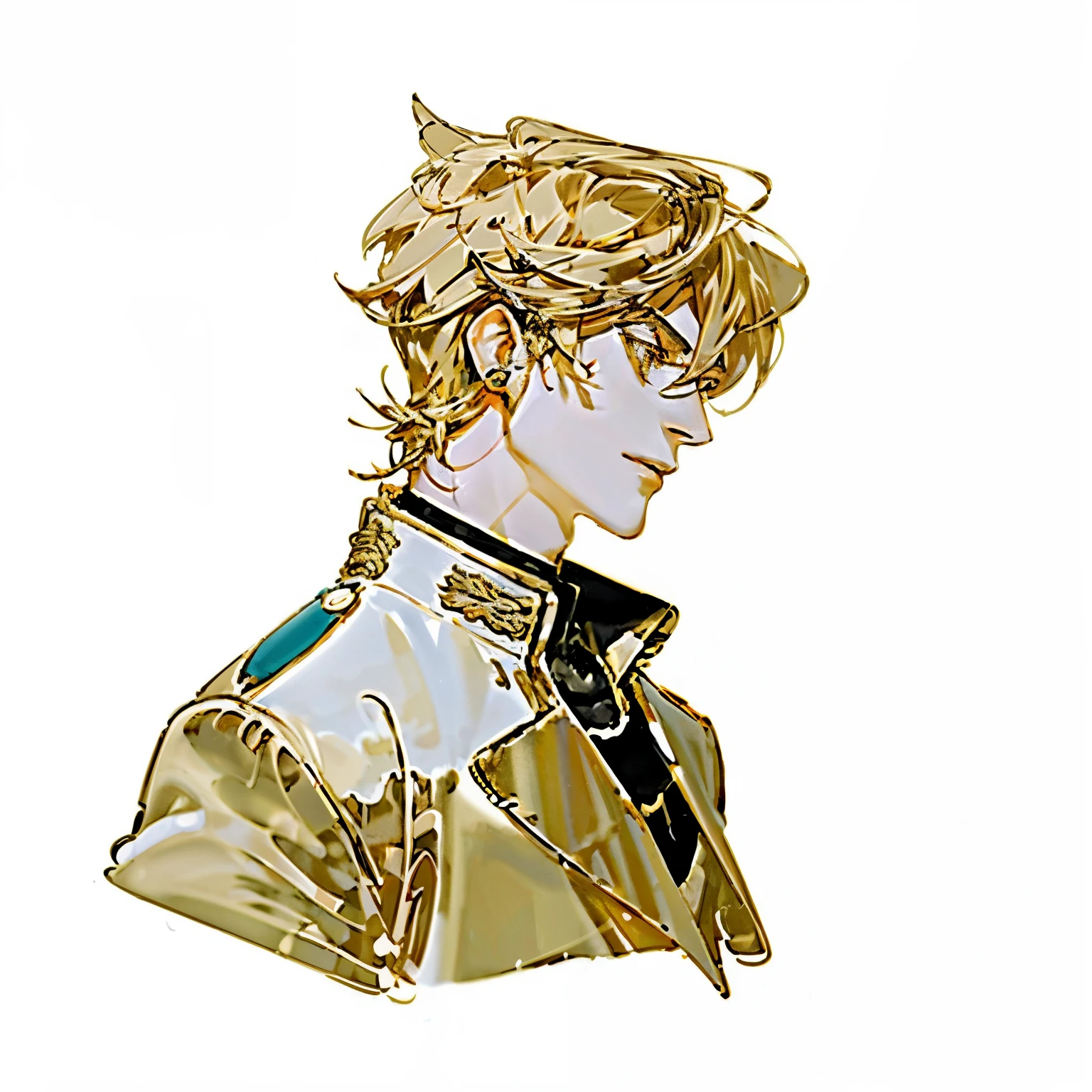 solo, golden hair, 1boy, 中世纪服饰, school uniform, upper body, male focus, earrings, artist name, profile, chain, gakuran, stud earrings,贵族,王子,