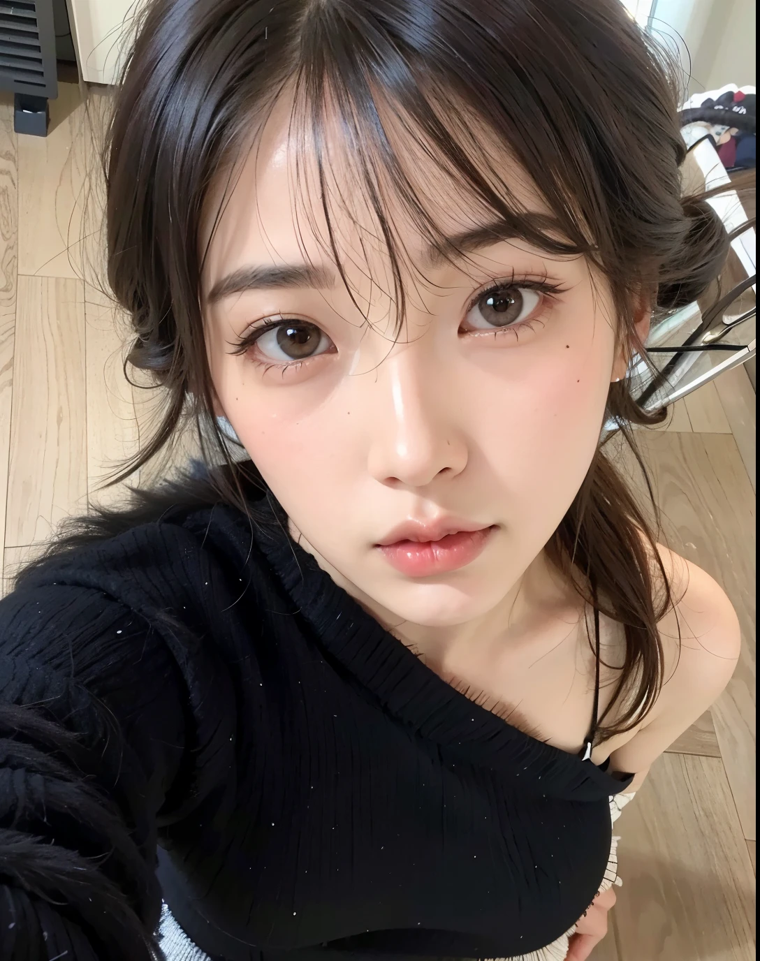 there is a woman that is taking a selfie in a mirror, Jinyoung Shin, ella tiene el pelo negro con flequillo, ulzzang, lee ji-eun, lee ji - eun, pale korean adorable face, con cara linda - fina, flequillo de cortina, heonhwa choe, Hwang se - es, kim doyoung, chica linda-cara-fina