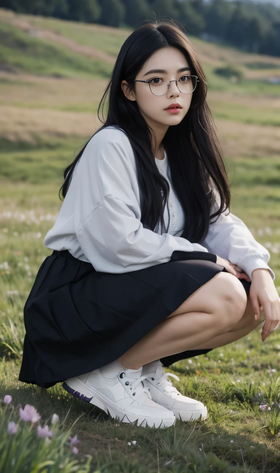 A beautiful beauty, long black hair, big eyes, round face, dress, tight purple skirt, sneakers , slightly fat, plump and sexy, delicate facial features, on the grassy hillside, black grass and words, dark sky and dark clouds, HD, high quality, the best picture quality, glasses