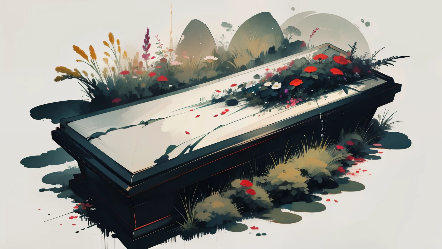 anime illustration of coffin, top view of coffin, grave, inky, flowers, grass, blooming, smudge, absurd, high resolution, ultra detailed, abstract, sad