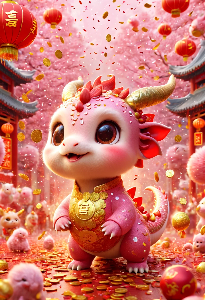 Q version，Cute little dragon，Chinese style，pink space，festive atmosphere，Spring Festival，Lovely antlers，Chinese elements，Cartoon，Cute pet，Lively,Many gold coins burst out from firecrackers，Red and gold confetti flying in the sky，Gold coin rain，浓浓的festive atmosphere，It was very lively。