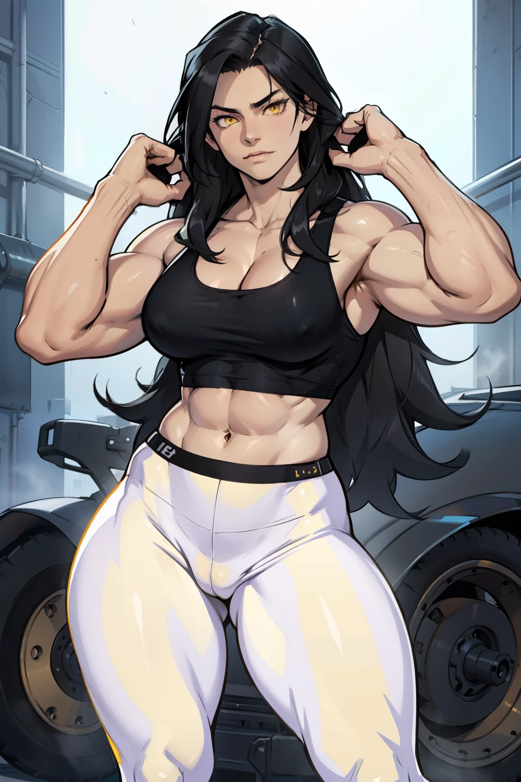black hair, very long hair, yellow eyes, thick thighs, large breasts, (muscular), pale skin, leggings, tank top, toned body