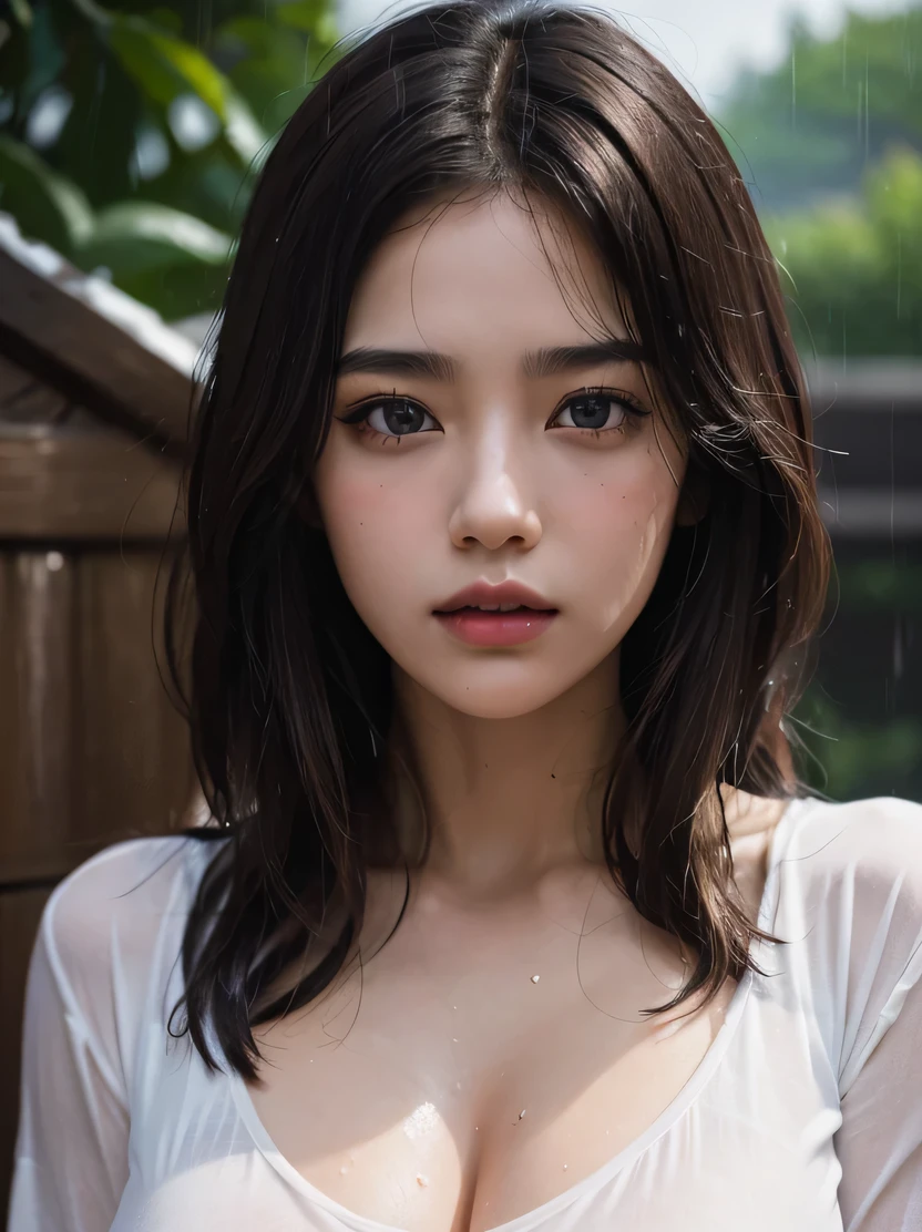 ((masterpiece、highest quality、genuine、Super detailed、High resolution、sharp focus、realistic、cinematic lighting))、Portrait of an amazingly beautiful woman、face light、cowboy shot、Detailed symmetrical and realistic face、Super realistic texture、Natural textures、rich colors、dramatic lighting、looking at the viewer、dark brown hair、(wet from the rain、wet body)、White wet shirt、highly detailed face、detailed lips、fine eyes、detailed hand drawing、Background outside the house、heavy rain
