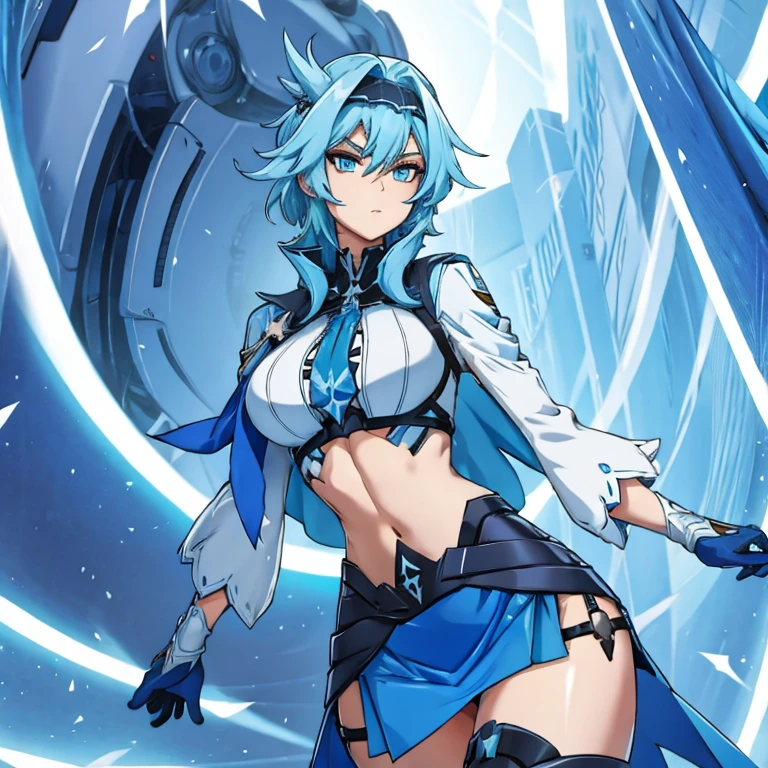 A two-dimensional girl,blue hairs,blue color eyes,Superskirt,Ultra cool exposed chest,Tummy and groin