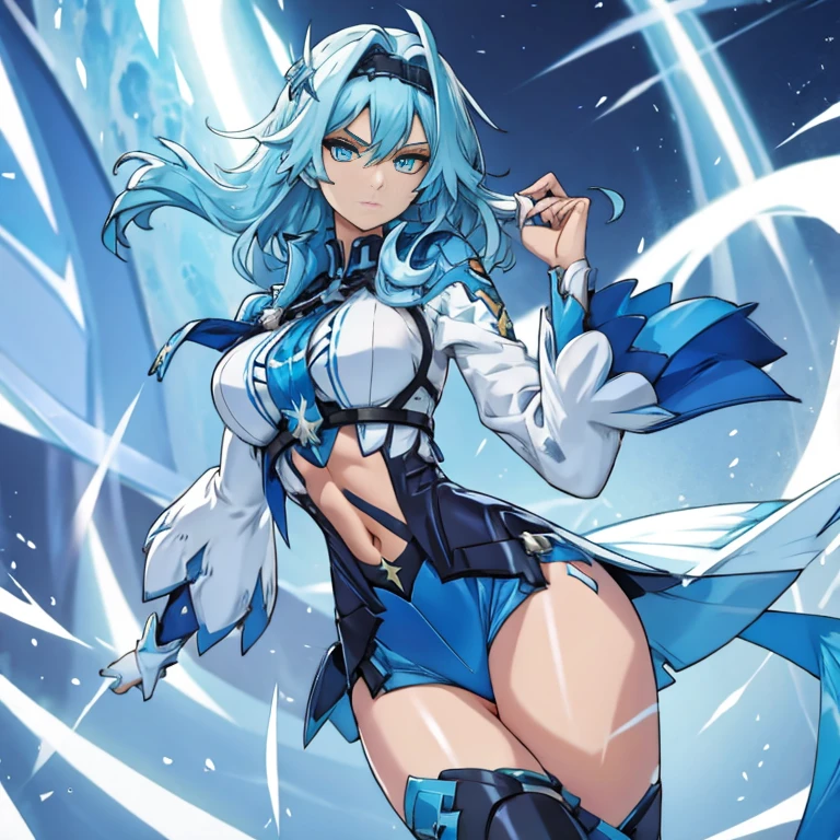 A two-dimensional girl,blue hairs,blue color eyes,Superskirt,Ultra cool exposed chest,Tummy and groin