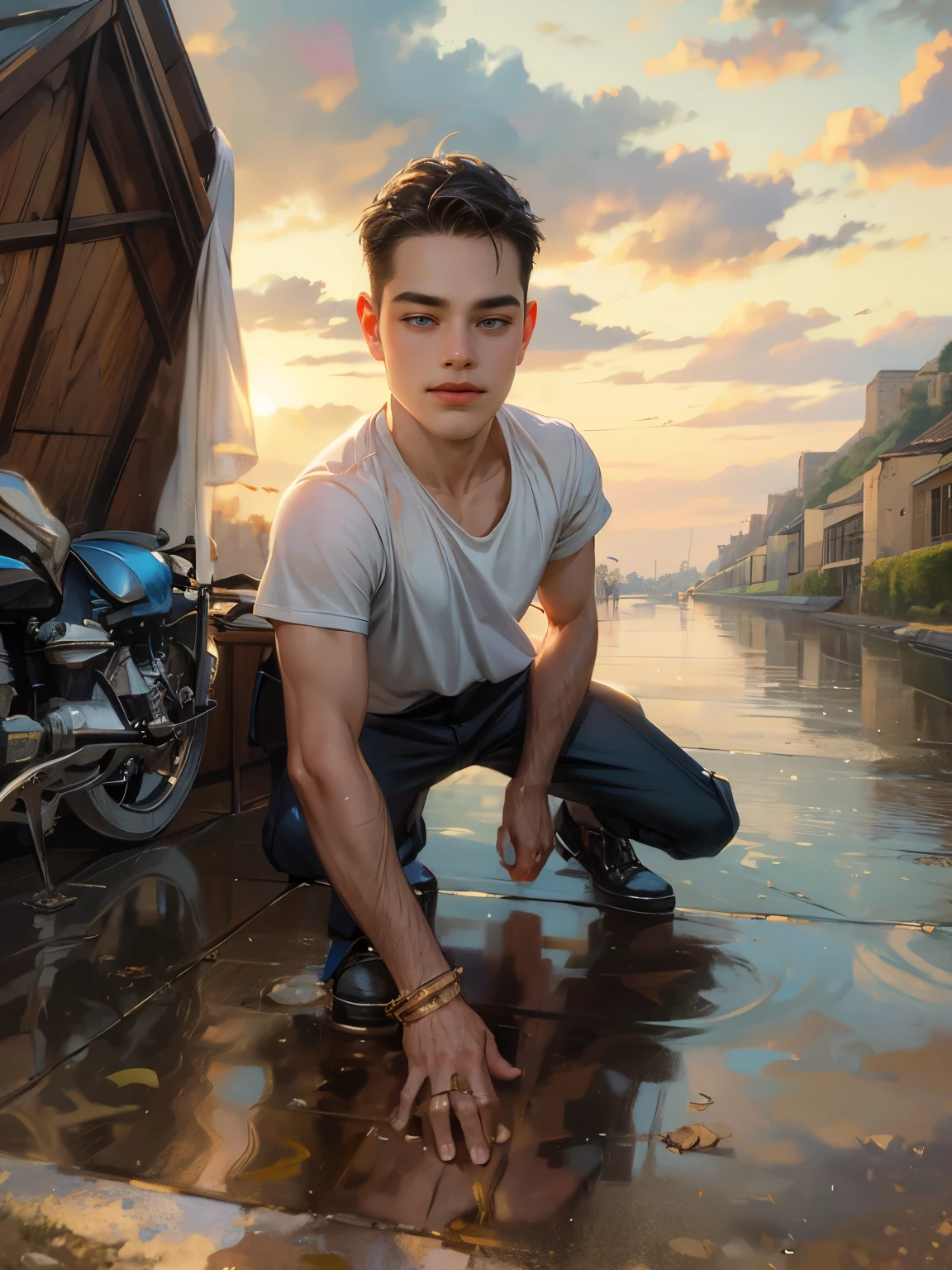 (absurdres, highres, ultra detailed, HDR), masterpiece, best quality, portrait of a boy, handsome boy with blue eyes, detailed face,  in a town, young built body, handsome adventurer, professional photo, rpg style man detailed torso, sitting comfortably while legs spread, (puffy(from below:1.1)), eyes on viewer,young boy 18 years old, handsome boy, detailed background, masterpiece art