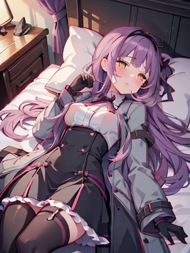 ((nsfw)),Sleep in bed、lie down、On your back、((open your legs))、vaginal ejaculation、It's inside、dripping、vaginal _Large amount、Hand up、Holding a pillow、blush、涙eye、Crying face、resistance、glaring,(1 girl), (beautiful detailed girl), Len Bright, yellow_eye, purple hair, long hair, Broke up_前hair, hair_ribbon, black coat, white shirt, pantyhose, black knee boots, short black skirt, frills, black_gloves, ,, smug