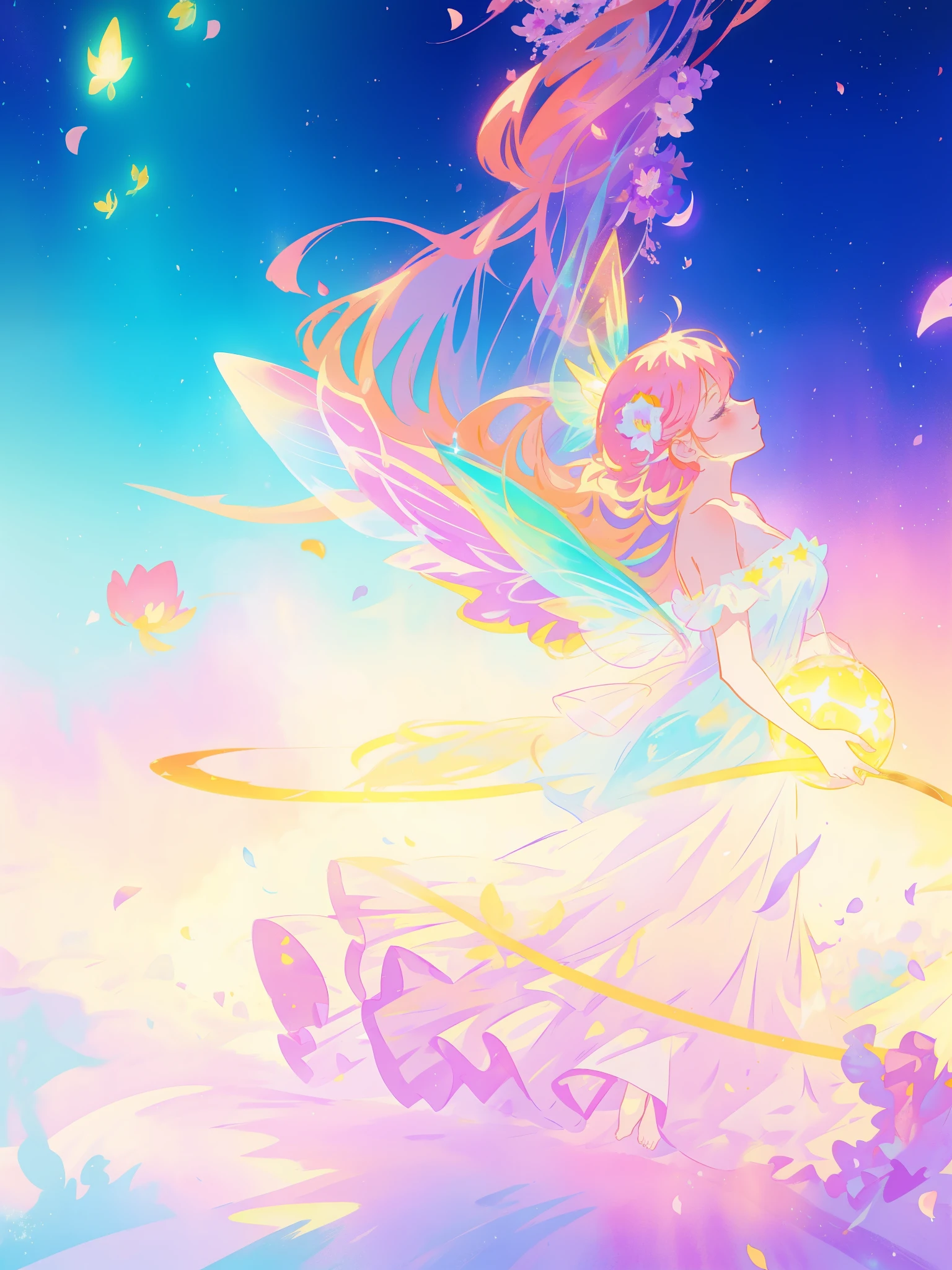 beautiful girl in tiered gradient ballgown dress, gradient colorful dress, ((layered flower petal skirt)), fairy dress, fairy queen, magical fantasia background, (glowing fairy wings), glowing flowing ballgown, long wavy hair, sparkling fairy wings, watercolor illustration, inspired by Glen Keane, inspired by Lois van Baarle, disney art style, jen bartel, beautiful digital illustration, beautiful, masterpiece, best quality, anime disney style