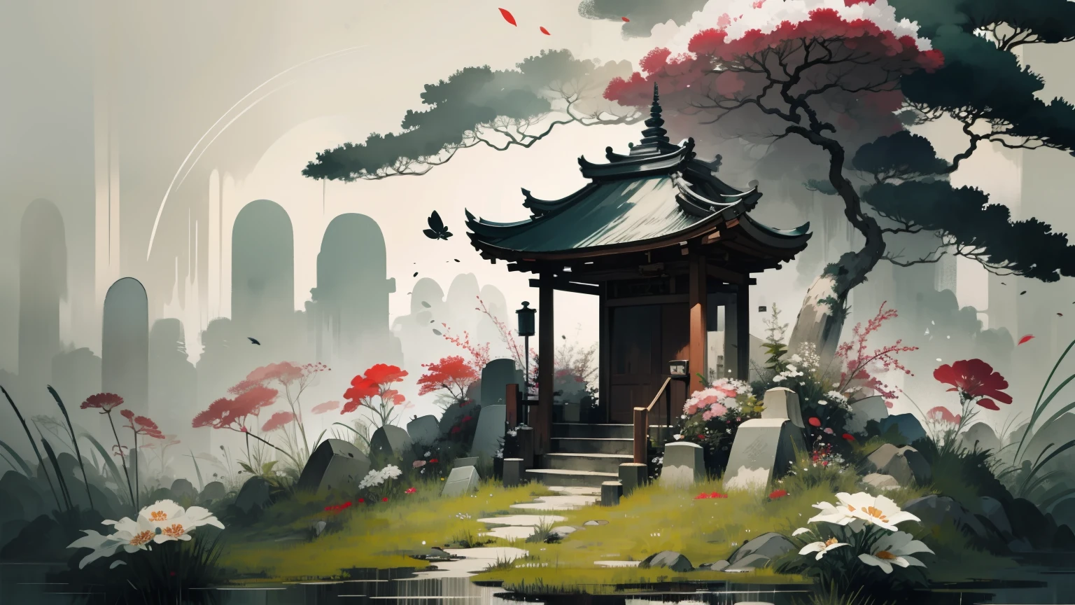 anime of a bell, funeral bell, sad, grave, inky, flowers, grass, blooming, smudge, absurd, high resolution, ultra detailed, abstract, sad