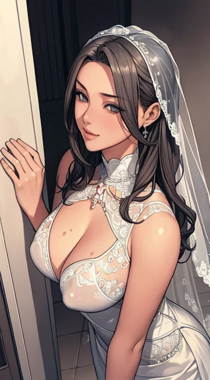 (from above,Looking_at_peeping at the viewer:1.2),(masterpiece:1.3),(big breasts beautiful,astounding:1.2),(best qualtiy:1.3),(ultra - detailed:1.2),2girls,full bodyesbian,Wearing a white sheer wedding dress,(covered nipples:1.1), sagging breasts,Only cleavage leaks,(Super detail skin:1.2),(glistning skin:1.1),(perfect anatomia,Extremely refined and beautiful:1.2),silber hair,long whitr hair,gray eyes,(super beatiful detailed big eyes:1.2),smile,with her mouth open,stylish posing,hiddenhands,Sacred costumes,hotel room,(open mouth,orgasm:0.5)