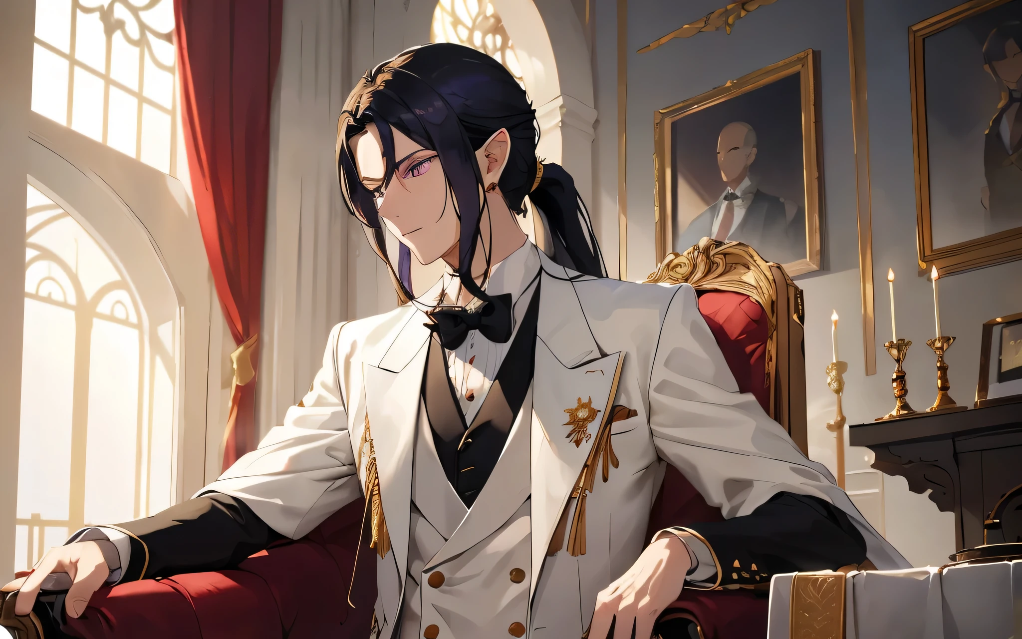 (Best Value:1.2),white coat,shirt,noble,tie,skirt,elegant suit,refined,fashionable,The presence of majesty,Detailed fabric texture,Designer brand,crisp white shirt,High quality materials,tailored to perfection,exquisite craftsmanship,Impeccable style,spiked collar,elegant bow tie,royal style,majestic,Gentlemanly manners,Exquisite appearance,amplify the wind,perfect orchestra, (best quality,high resolution), super detailed,sharp focus,professional,bright colors,long hair,Medium ponytail,black hair,purple eyes,Elf pointed ears,"mine" Styling bangs,soft hair,boys,male,prince,skirt,purple color palette,soft light,royal atmosphere, palace, prince, royal garb, palace, background,alone